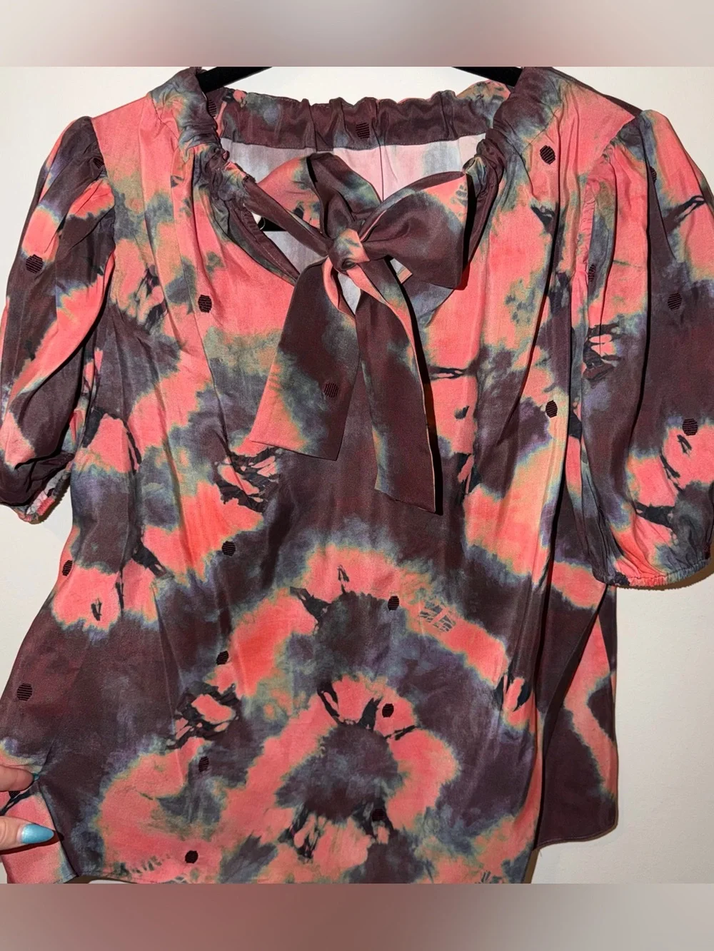 Ulla Johnson Coral Pink and Purple Tie-Dye Puff Sleeve Blouse